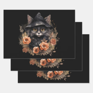 Black Cat in a Black Witch's Hat Halloween Wrapping Paper Sheet