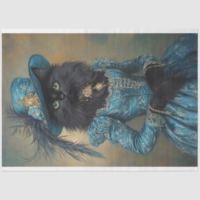 Black Cat in a Blue Dress Decoupage Tissue Paper (Front)