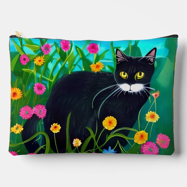 Black Cat in a Colourful Flower Garden Accessory Pouch (Front)
