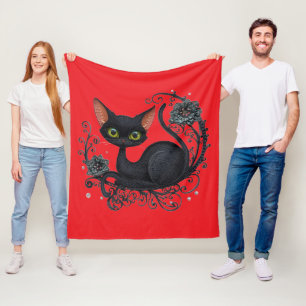 Black Cat in a Flower Cradle Fleece Blanket