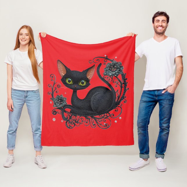 Black Cat in a Flower Cradle  Fleece Blanket (In Situ)