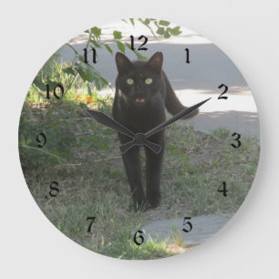Black Cat in a Garden Large Clock