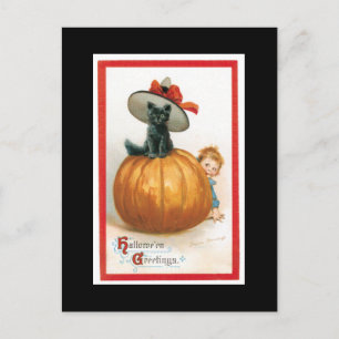 Black Cat in a Hat Halloween Postcard