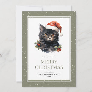 Black Cat In a Hat Holly Snow Merry Christmas Card