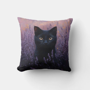 Black Cat in a Lavender Field Illustration Cushion