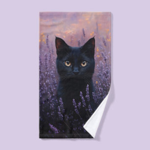 Black Cat in a Lavender Field Illustration Hand Towel