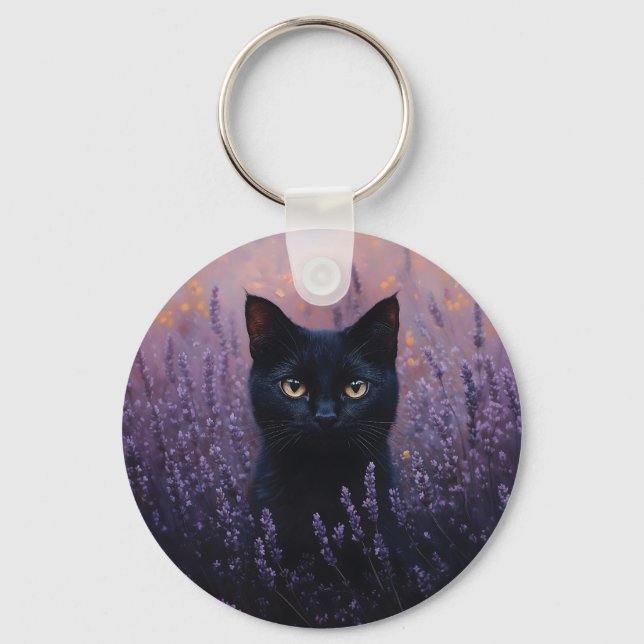 Black Cat in a Lavender Field Illustration Key Ring (Front)