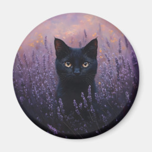 Black Cat in a Lavender Field Illustration Magnet