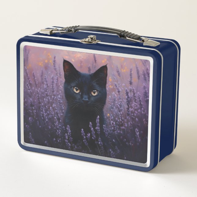 Black Cat in a Lavender Field Illustration Metal Lunch Box (Front)