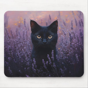 Black Cat in a Lavender Field Illustration Mouse Pad