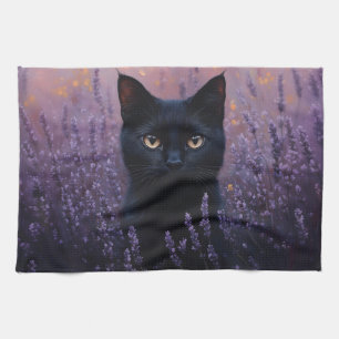 Black Cat in a Lavender Field Illustration Tea Towel
