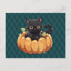 Black Cat in a Pumpkin Cute Adorable Halloween Holiday Postcard