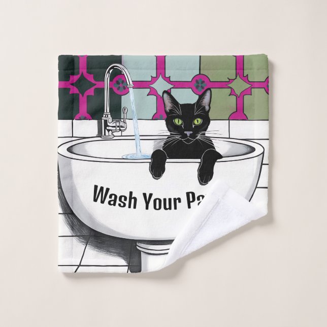 Black Cat in a Sink, Wash room, washing paws Cloth (Wash Cloth)