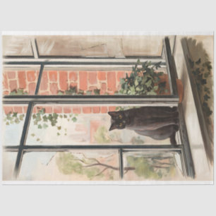 Black Cat in a Window Painting Decoupage Tissue Paper