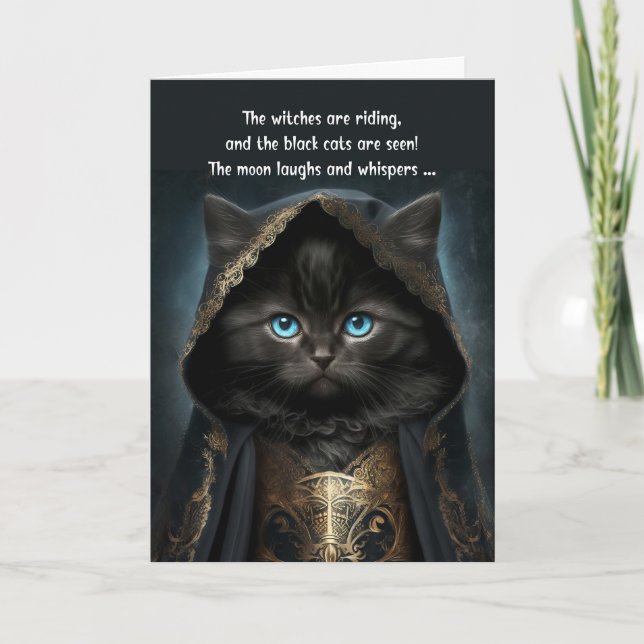 Black Cat in a Witch Cape with Poem Halloween Holiday Card (Front)