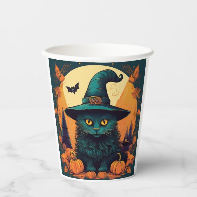 Black Cat in a Witches Hat  Paper Cups (Front)