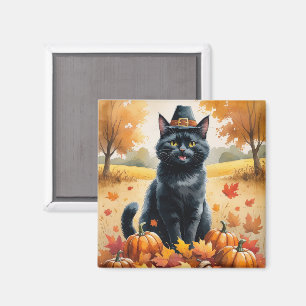 Black Cat In Autumn Leaves Thanksgiving Art Magnet