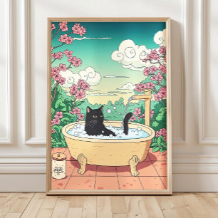 Black Cat in Bathtub Print, Japanese Art Print, Ja Poster