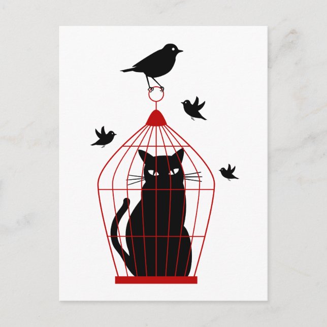 black cat in birdcage with birds postcard (Front)