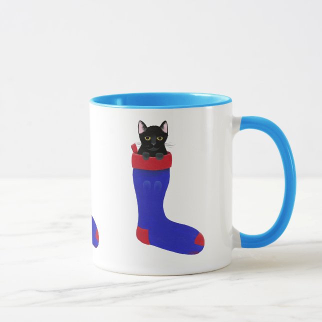 Black Cat in Blue Christmas Stocking Mug (Right)
