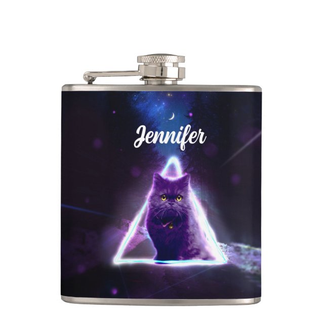 Black cat in blue neon hipster triangle            hip flask (Front)
