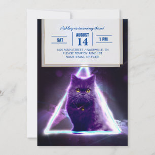 Black cat in blue neon hipster triangle            invitation
