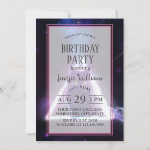 Black cat in blue neon hipster triangle invitation