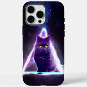 Black cat in blue neon hipster triangle iPhone 16 pro max case