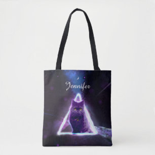Black cat in blue neon hipster triangle tote bag