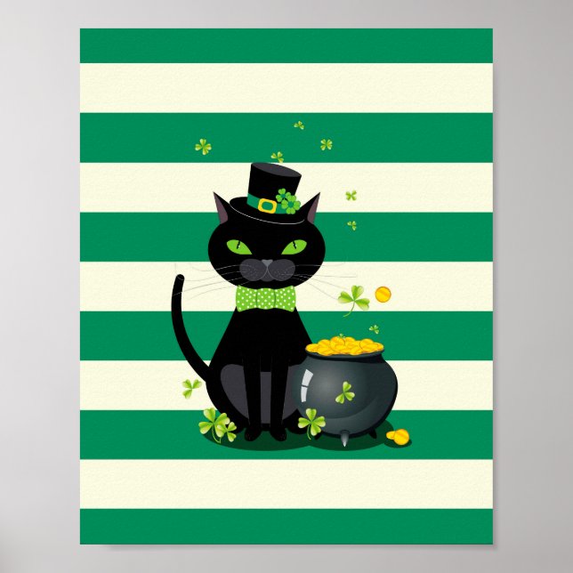 Black cat in bow tie and hat with green shamrock poster (Front)