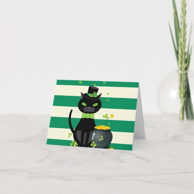 Black cat in bow tie and hat with green shamrock thank you card (Front)