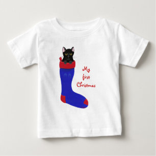 Black Cat in Christmas Stocking First Christmas Baby T-Shirt