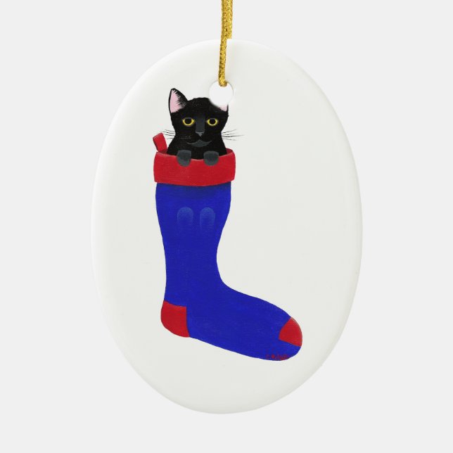 Black Cat in Christmas Stocking Ornament (Front)