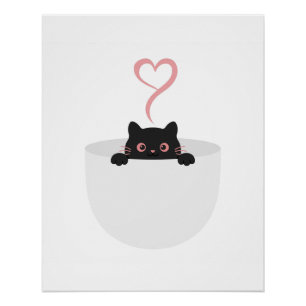 Black Cat in Coffee Cup Steam Heart Poster