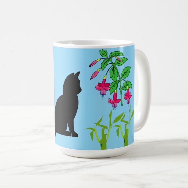 Black Cat in Contemporary Plant Design Mug (Front Right)