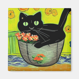 Black Cat in Flower Pot Magnet