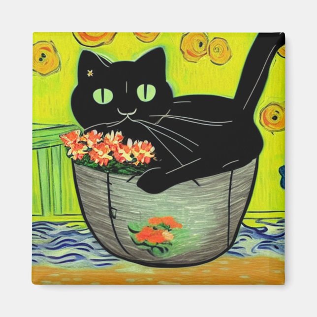 Black Cat in Flower Pot  Magnet (Front)