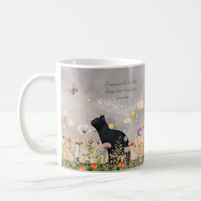 Black Cat in Flowers Coffee Mug (Left)