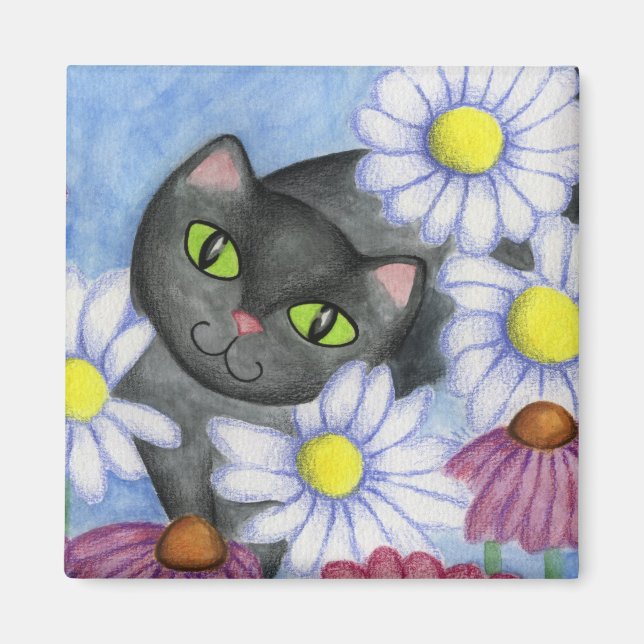 Black Cat In Flowers Magnet (Front)