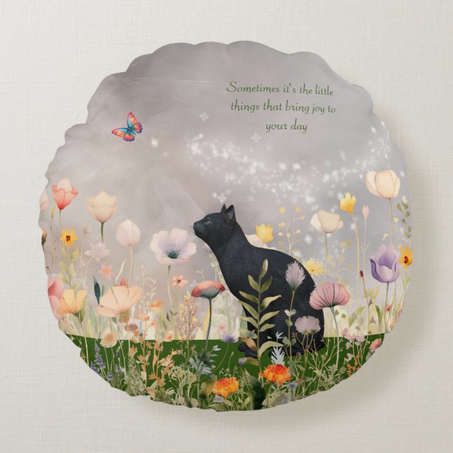 Black Cat in Flowers Round Cushion (Front)