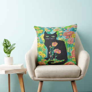 Black Cat in Flowers Throw Pillow Home Decor