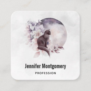 Black Cat in Front of a Magical Full Moon Square Business Card