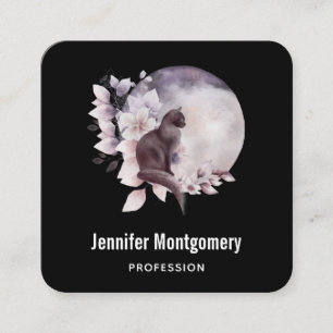 Black Cat in Front of a Magical Full Moon Square Business Card