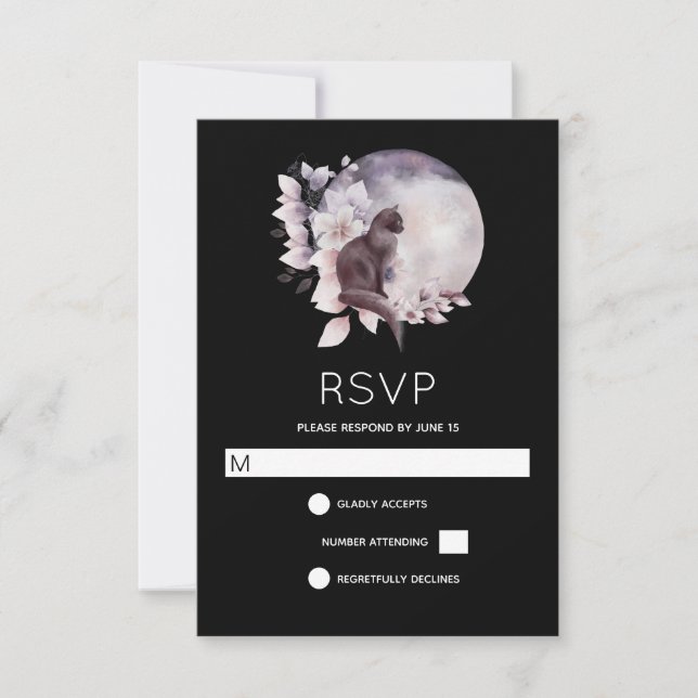 Black Cat in Front of a Magical Full Moon Wedding RSVP Card (Front)
