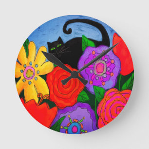 Black Cat in Garden Abstract Art Round Clock