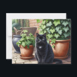 Black Cat in Garden Cat Lovers  Postcard<br><div class="desc">This postcard features a black cat sitting on a patio by clay pots filled with ivy.  (Ai art created by Susang6)</div>