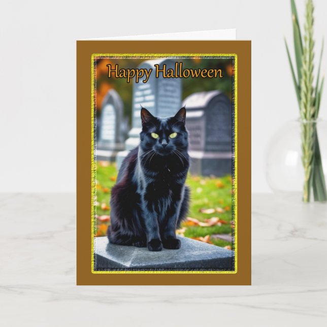 Black Cat in Graveyard on Halloween Holiday Card (Front)