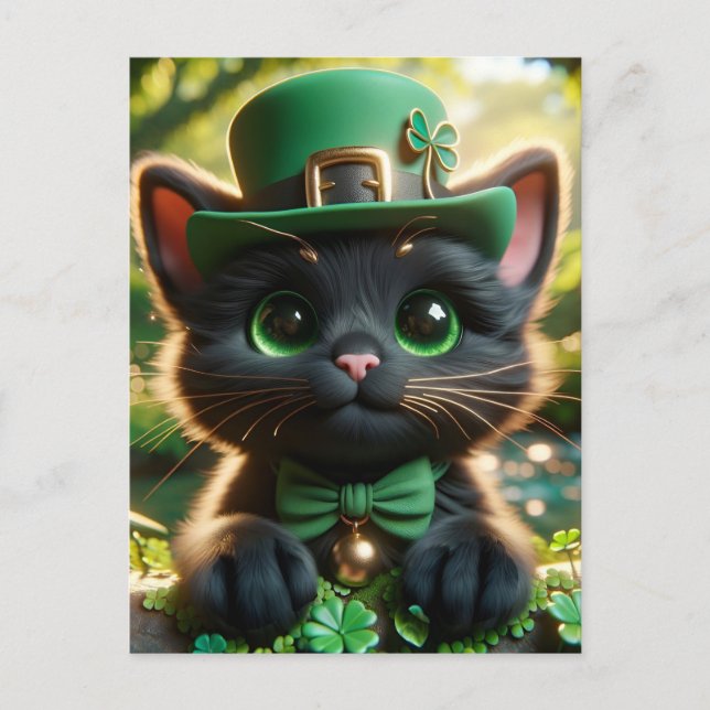 Black Cat in Green St. Patrick's Day Attire Postcard (Front)