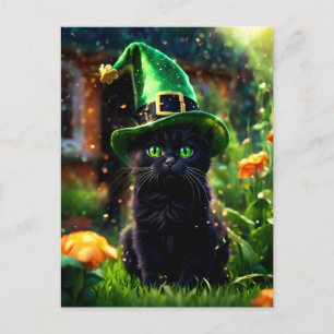 Black Cat in Green St. Patrick's Day Witch Hat Postcard