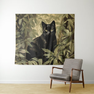 Black Cat in Lush Forest Tapestry